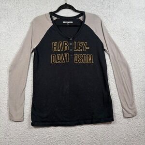 Harley-Davidson Long Sleeve Henley Shirt Black Gray Raglan Graphic Women's Sz L